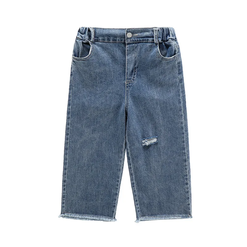 

Джинсы с прямыми штанинами для девочек, новинка 2023, Повседневные детские рваные джинсовые брюки с грубыми широкими штанинами на весну и осень