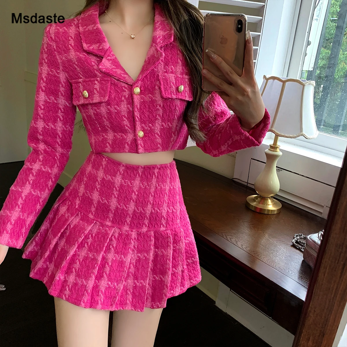 

Women Suits Set 2 Pieces Clothing Set Pink Plaid Fashion Two Pieces Sutis Sexy Crop Top Jacket and Mini Skirt Woman Woolen Suits