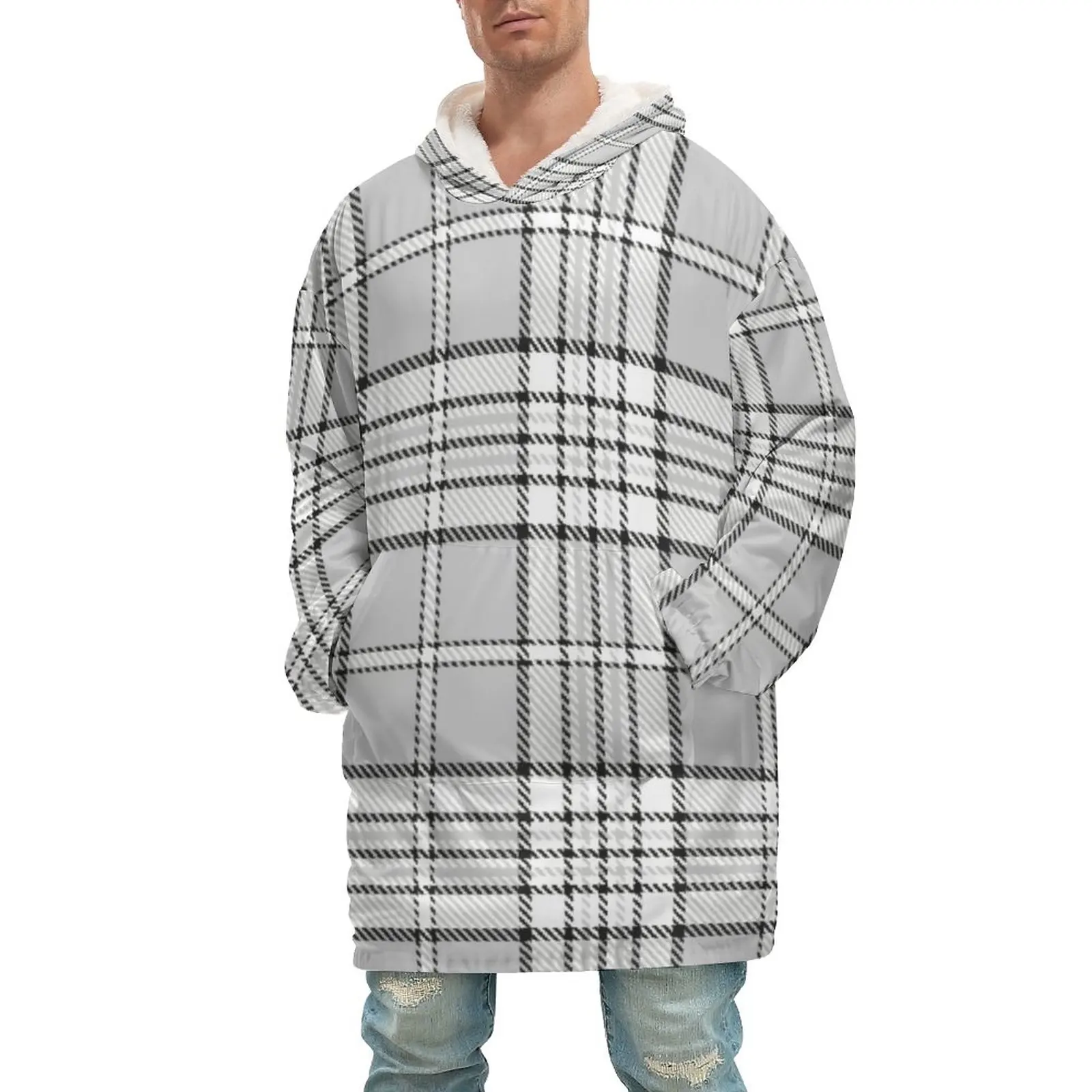 

Одеяло в шотландскую клетку, мягкое зимнее одеяло в черную полоску, с капюшоном, для спальни, для взрослых, рубашка с карманом