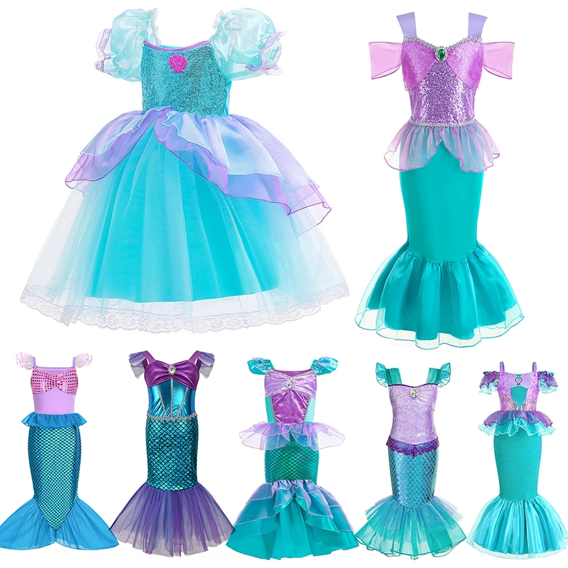 

Летние платья маленькой Русалочки Ариэль для девочек, очаровательные платья принцессы, косплей, Детский костюм, карнавальвечерние, детское...