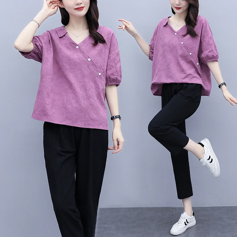 

2022 Summer New Cotton and Linen Two Piece Set Womens Fashion Jacquard Loose Casual Shirt Pencil Pants Solid Color