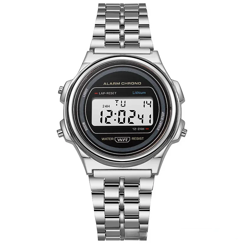 Водонепроницаемые часы со стальным ремешком зеркальные цифровые круглые