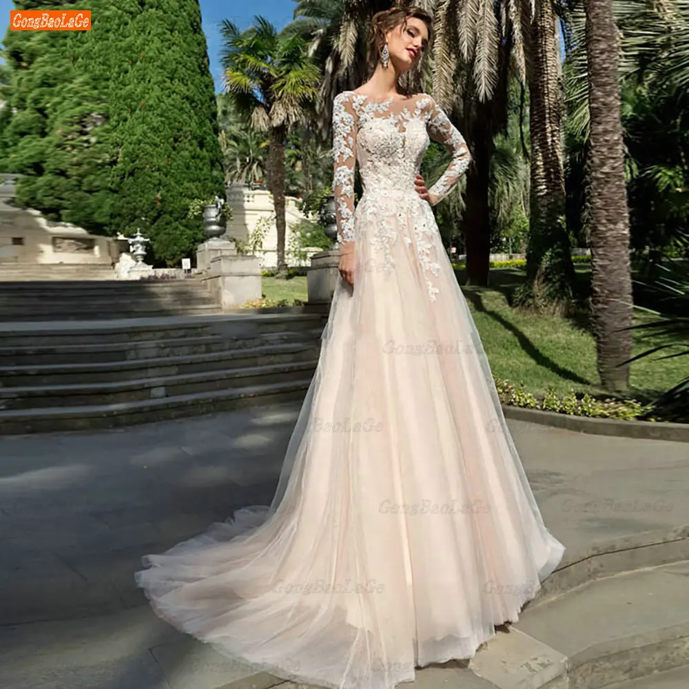 Купи Bohemian Long Sleeves Wedding Dress A Line Tulle 2022 Robe De Mariée O Neck Appliques Women Bridal Gown Lace Up Vestido De Noiva за 5,684 рублей в магазине AliExpress