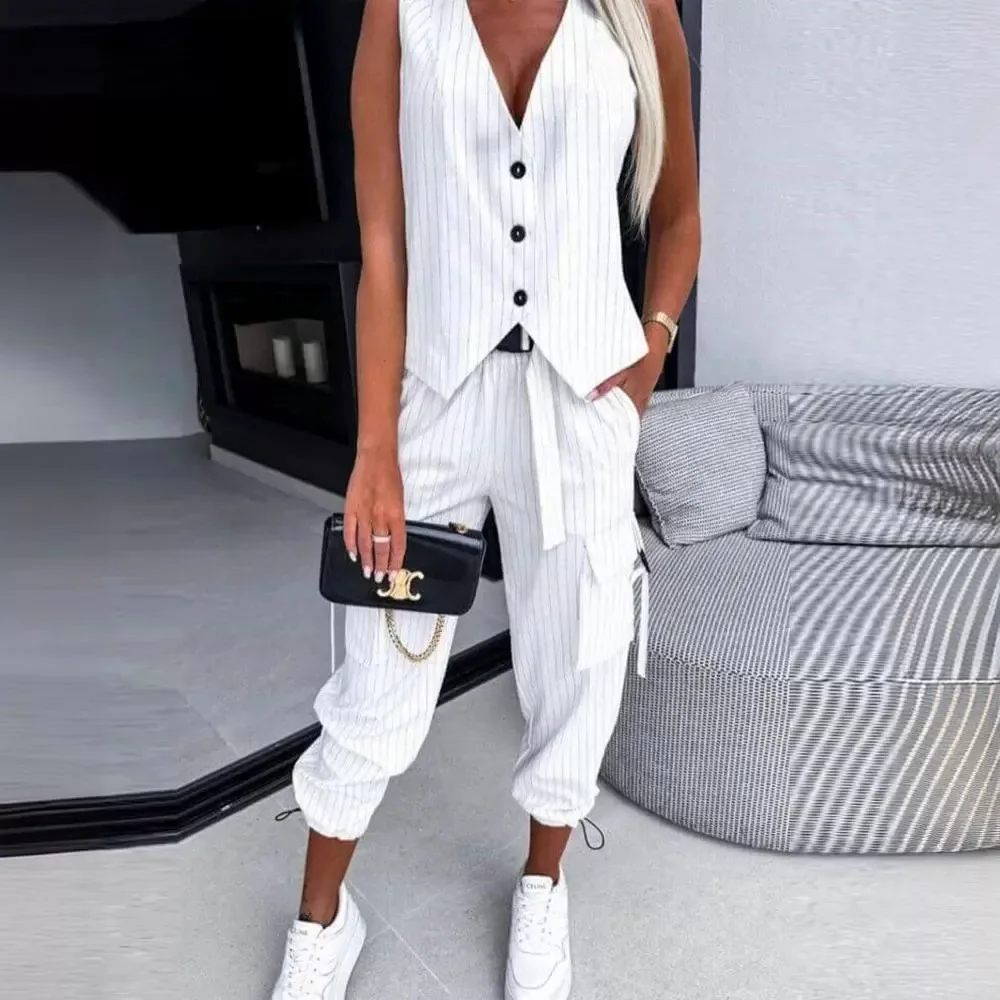 Женский комплект одежды из 2 предметов белый полосатый жилет без рукавов