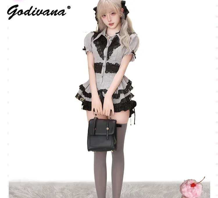 Новинка 2024 летнее милое платье-рубашка с короткими рукавами и серой кружевной