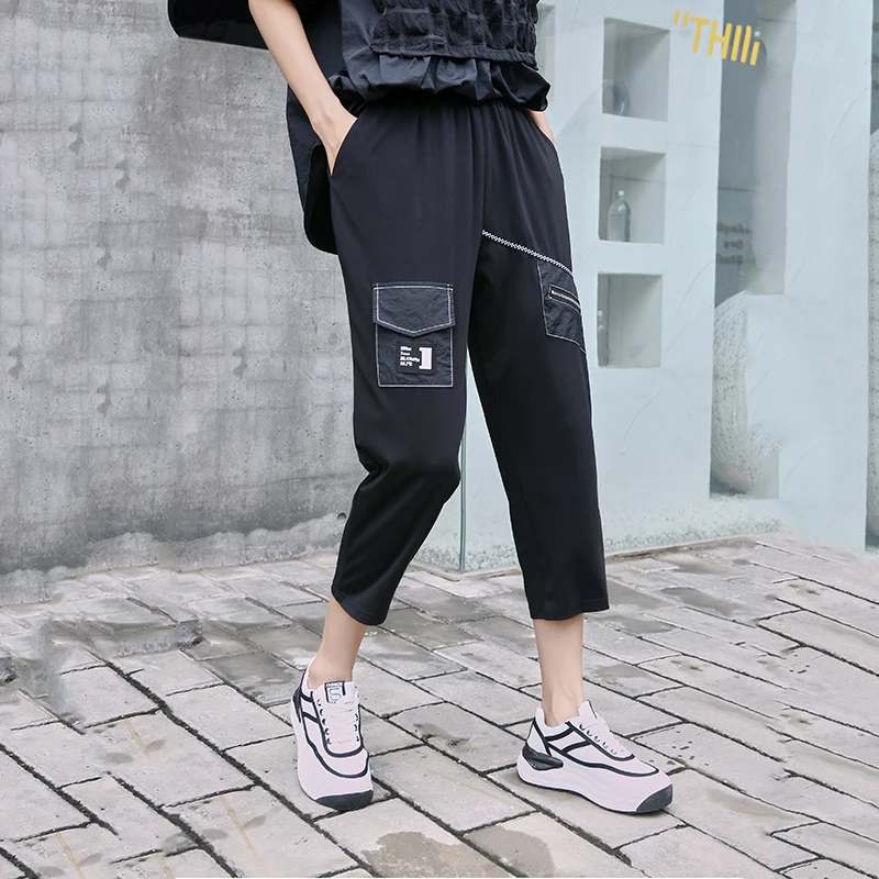

220532 Black Pocket Bright Line High Waist Harem Pants Women 2022 Summer New Casual Loose Fit Calf Length Trousers Streetwear