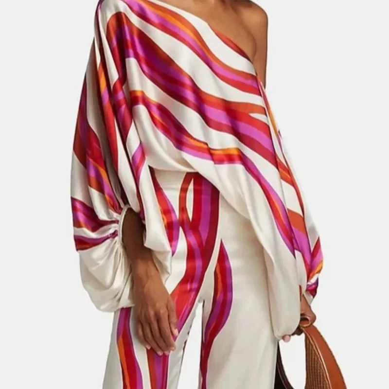 

Casual Satin Commuting Suit Fashion Hollow Off Shoulder Tops with Long Pants Women 2 Piece Sets 2023 Spring Loose Print Outfits