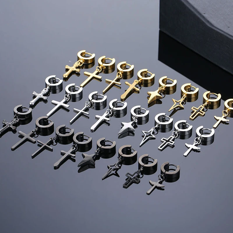 

Classic Titanium Steel Earring Stainless Steel Cross Dangle Hoop Earring