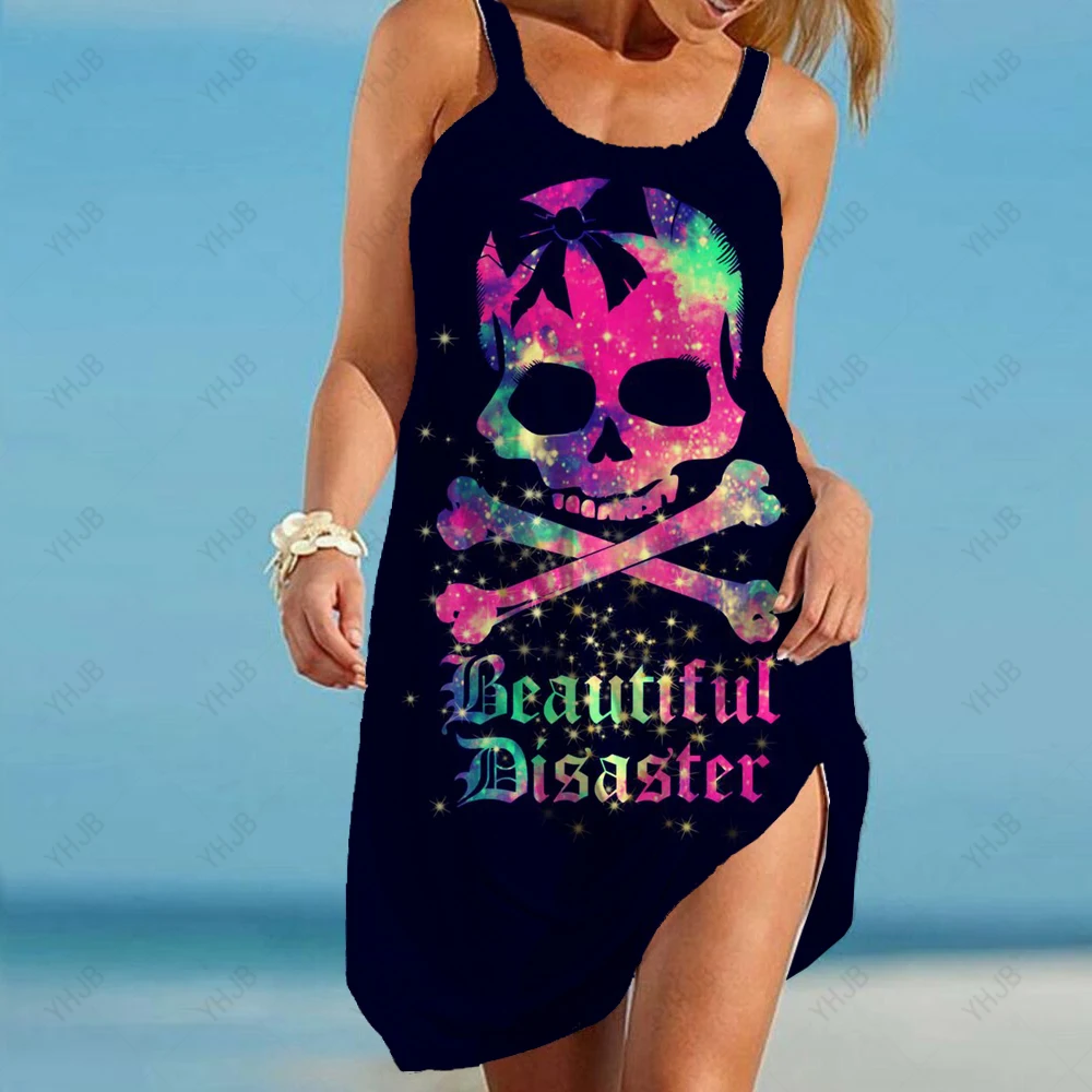 

Женское Пляжное Платье До Колена, короткое пляжное платье с принтом черепа, пляжная одежда для отпуска, комбинезон с цветочным принтом