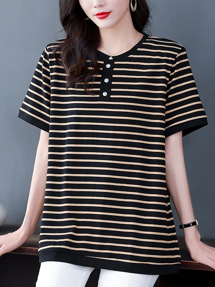 Летняя одежда для пожилых людей футболка в полоску из чистого хлопка женская с