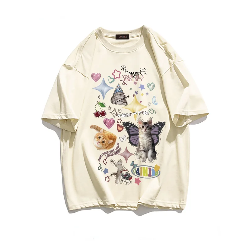 

Japanese Short Sleeve Tshirts Loose Preppy Style Men Couples Women O Neck Butterfly Cat Print Tees Y2k Harajuku Camisetas