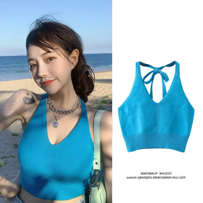 

Knitted Camisole Women's Underwear Bottoming Shirts Backless Neck Scarf Hot Girls Sexy Crop Tops Women's Lingerie No Steel Rings