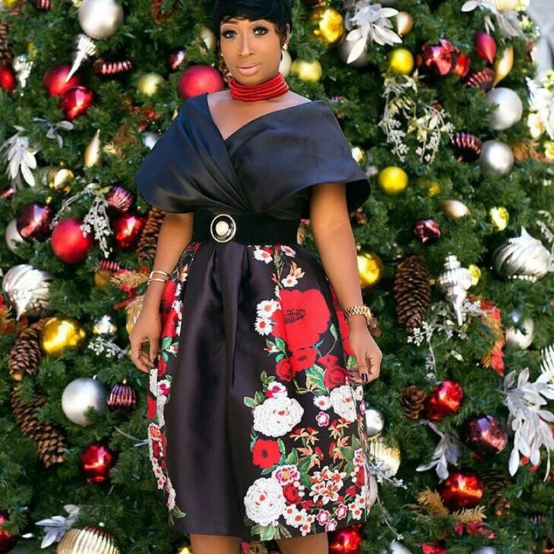 

Черные африканские платья с принтом для женщин, лето 2021, платье средней длины, африканская одежда, Дашики, сексуальное платье с открытыми пл...