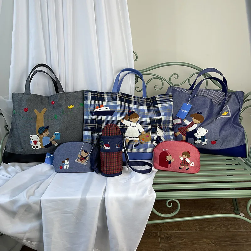 

Familiar Women's Lesportsac Bag Cartoon Large-Capacity Backpack Handbag Hand Embroidery Denim Tote Bag Storage Bag 583701