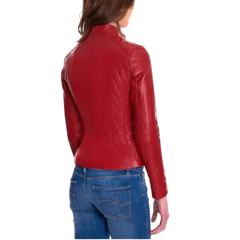 Red Genuine Lambskin Motorcycle Valentine Stylish Leather Jacket Women enlarge