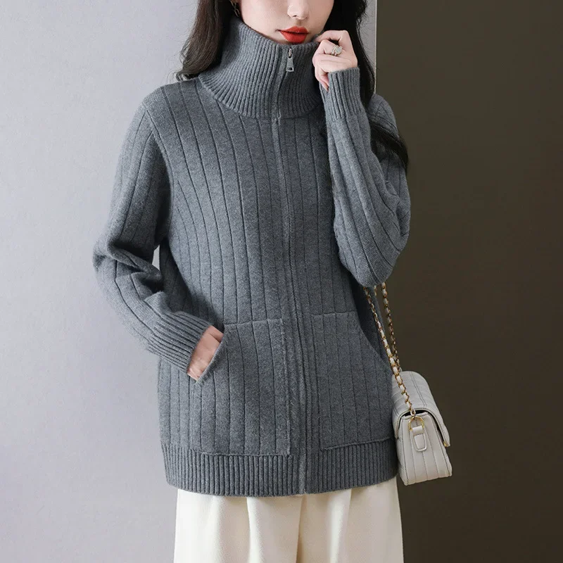 Новинка 2024 женский вязаный кардиган-поло/черепашка высококачественный свитер на