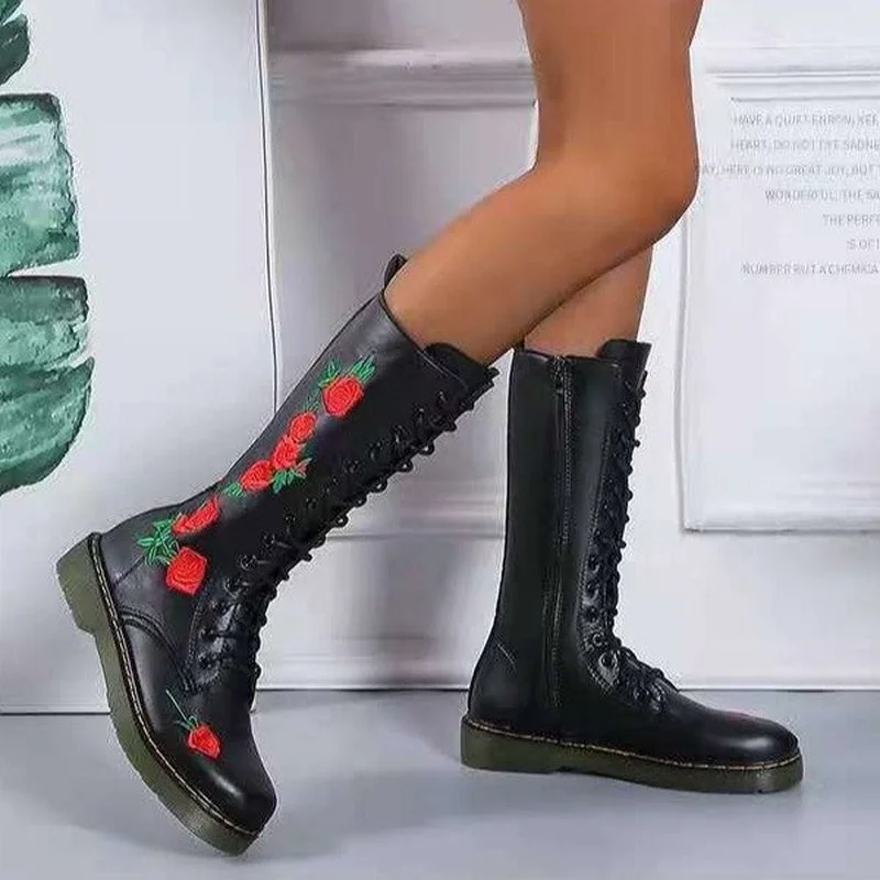 

Модель 2022, кожаные ботинки-мартинсы средней длины с вышивкой в китайском стиле, повседневные ботинки на квадратном каблуке, ботинки с кругл...