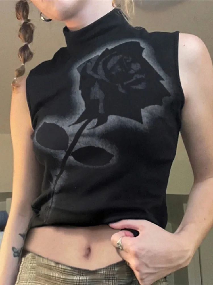 

Summer Fashion Trend Casual Simple Black Tank Top Rose Printed Navel Revealing Slim Fit Women Clothes Sleeveless Ropa De Mujer