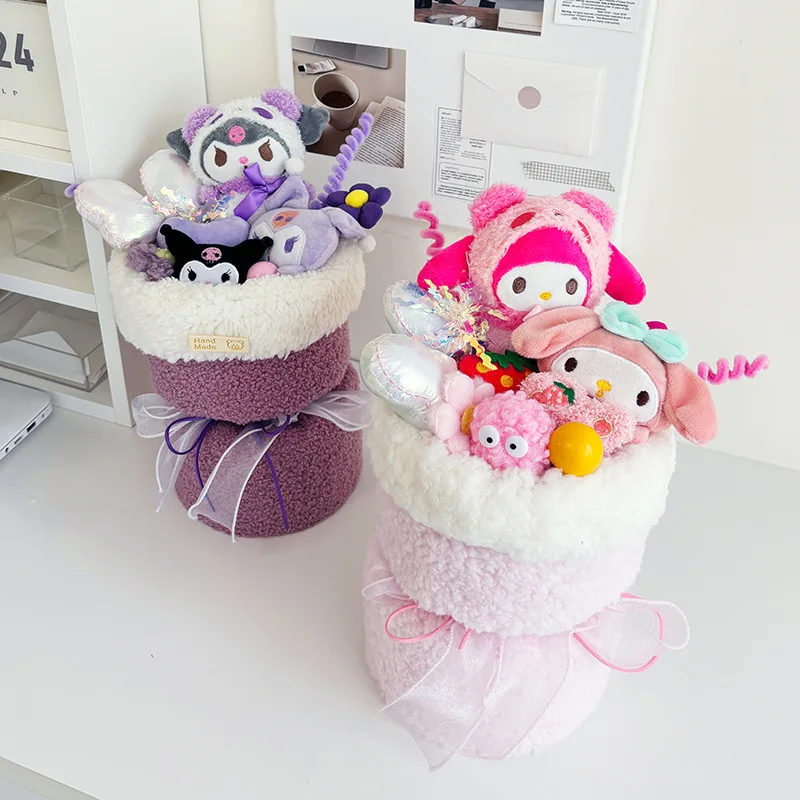 Sanrio My Melody Kuromi Cinnamoroll плюшевая кукла игрушка с цветами креативный букет ручной