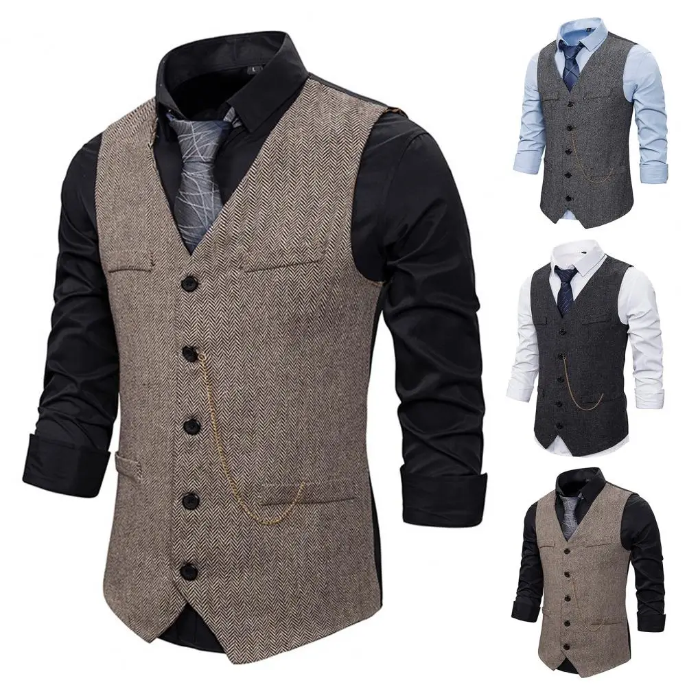 

Men Formal Waistcoat Chain Decor Sleeveless Business Vest Slim Fit Single-breasted V Neck Men Vest