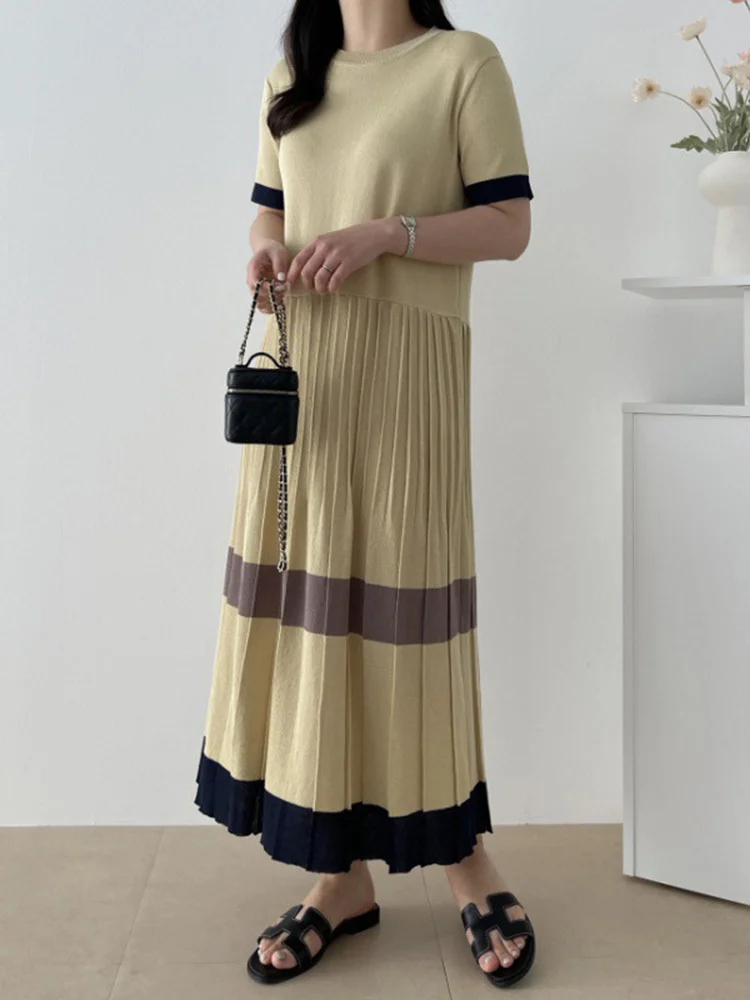 

Женское платье с круглым вырезом, прямое платье со складками в Корейском стиле, женская одежда, Новинка лета 2023