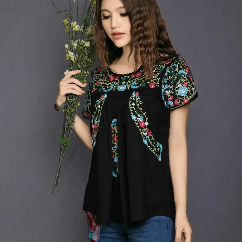Женский винтажный Ретро-топ с вышивкой в этническом стиле