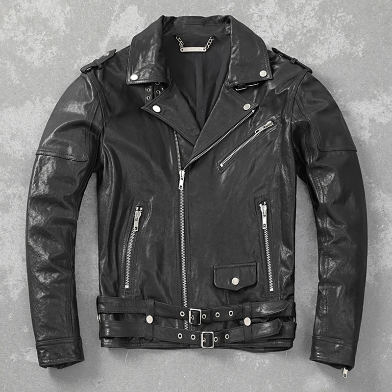 

2023 Vegetable Tanned Sheepskin Genuine Leather Clothes Men's Belt Motorcycle Jacket Spring Autumn Thin Coat Slim Fit