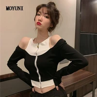ropa mujer roupas femininas sexy slim long sleeve fake two piece zipper tshirts women round hollow out crop tops casual autumn