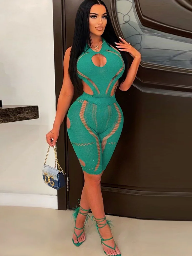 

Новый шикарный прозрачный трикотажный комбинезон с лямкой на шее, женские летние шорты с вырезами, комбинезоны, одежда для ночного клуба