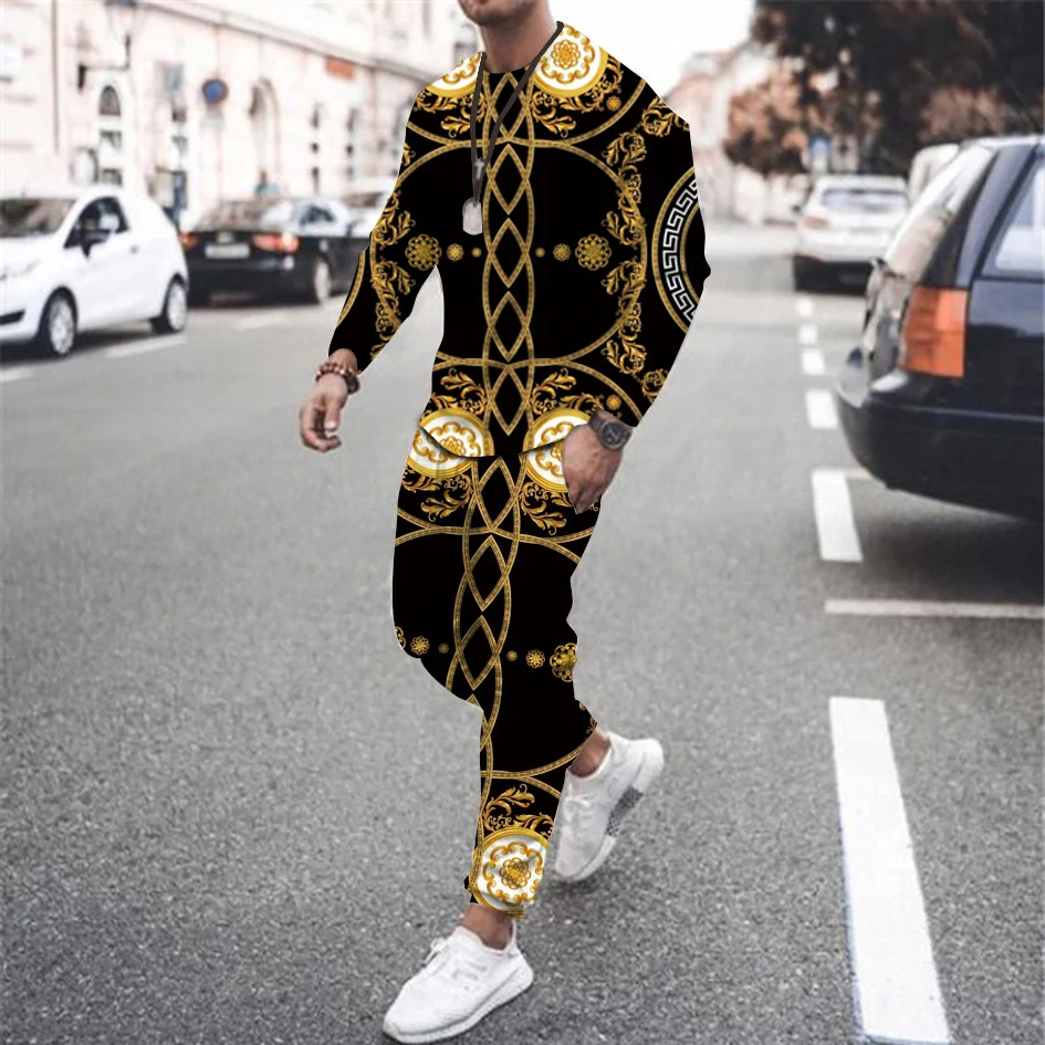 Vintage Men's Tracksuits 3D Printed Fashion 2-Piece Set Summer Streetwear Luxury Long Sleeve Suit Ice Silk Designer Clothing