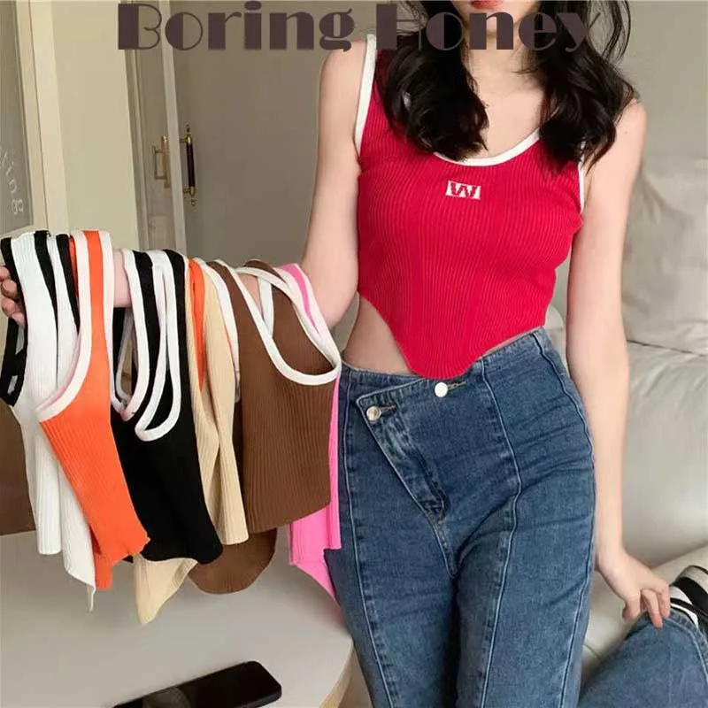 

Boring Honey Crop Top Women Summer Sling Vest Korean Style Fashion Short Irregular Base Shirt Sleeveless Women Clothes