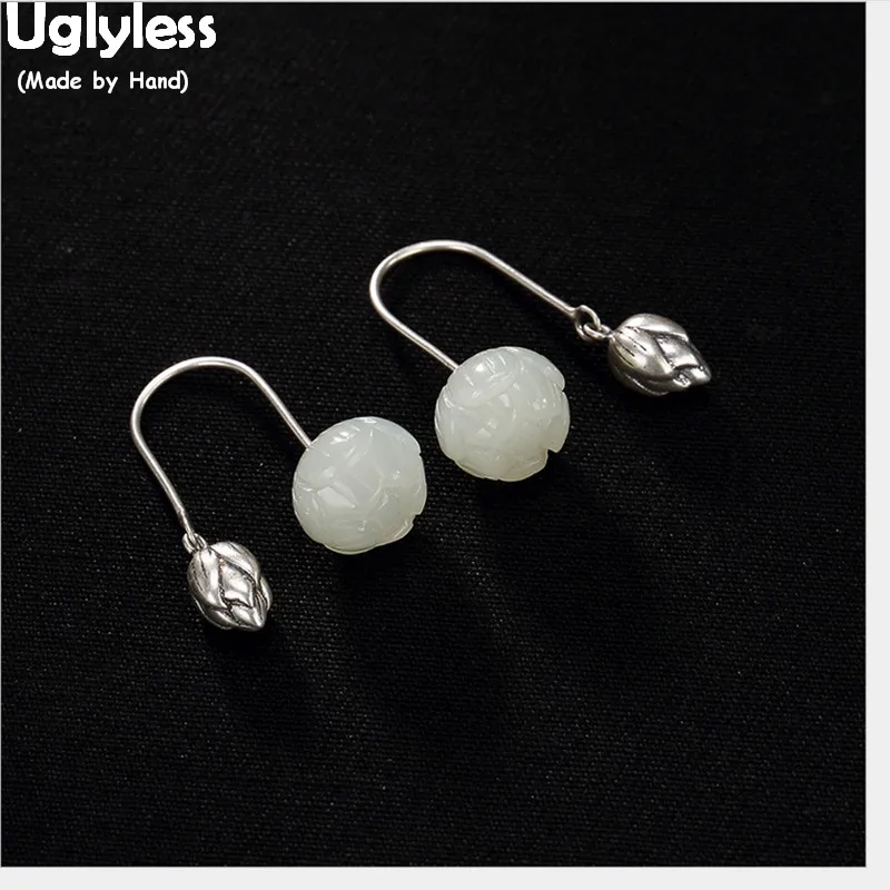 

Uglyless 100% Real 925 Sterling Silver Handmade Buddhism Lotus Earrings Nature Jade Flower Fine Jewelry for Women Brincos Bijoux