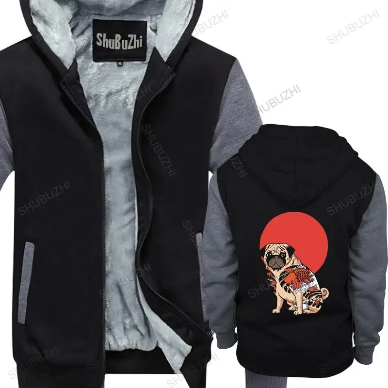 

Man black zipper thick hoodies Yakuza Pug Men hoodies hipster cartoon tattoo pug unisex Outwear men hoody