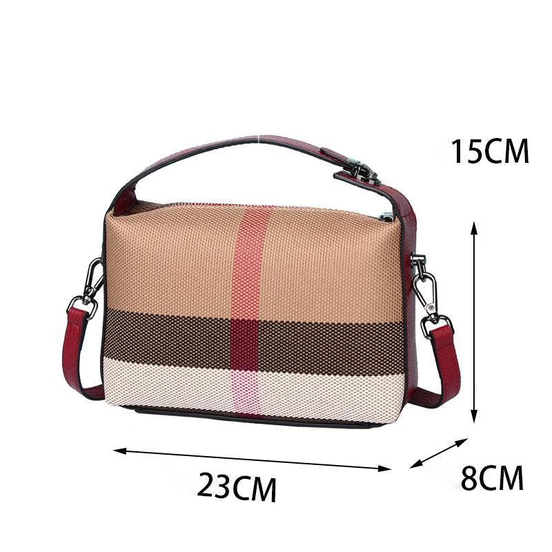 New Luxury Plaid Canvas Women's Bag Fashion Lock Top Handle Genuine Leather Female Tote Handbag Retro Small Messenger Crossbody