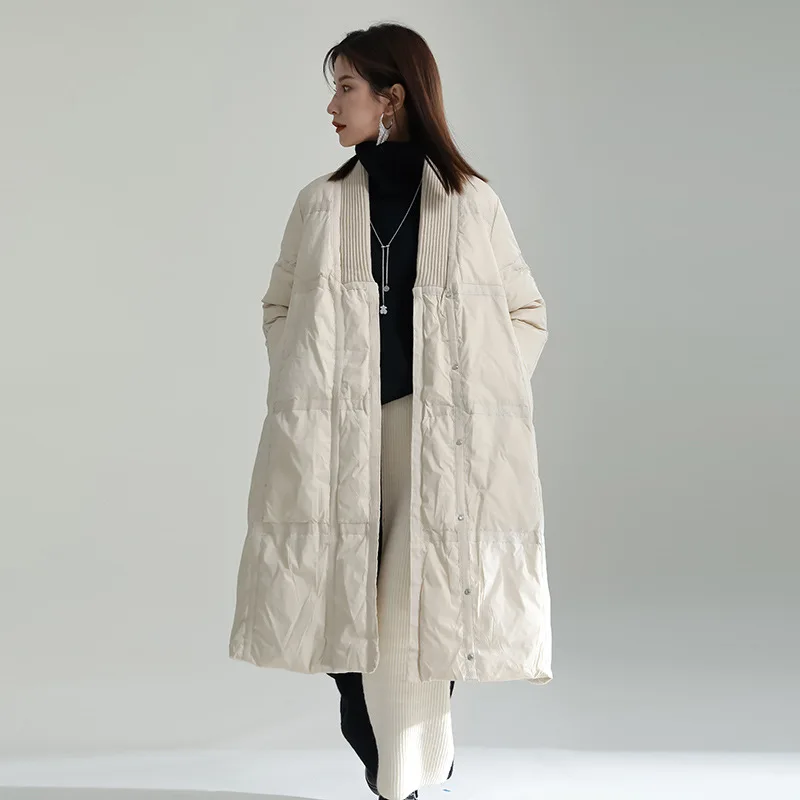 2022 Winter Design Sense Long Knee-Length White Duck Down Coat V-Neck Silhouette Down Jacket enlarge