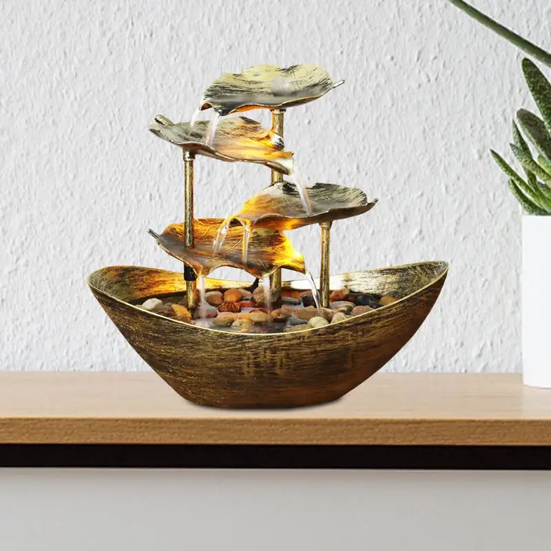 

Tabletop Water Fountain 4-Tiers Lotus Leaf Small Waterfall Fountain USB Desk Fountain Automatic Pump With Power Switch Tabletop