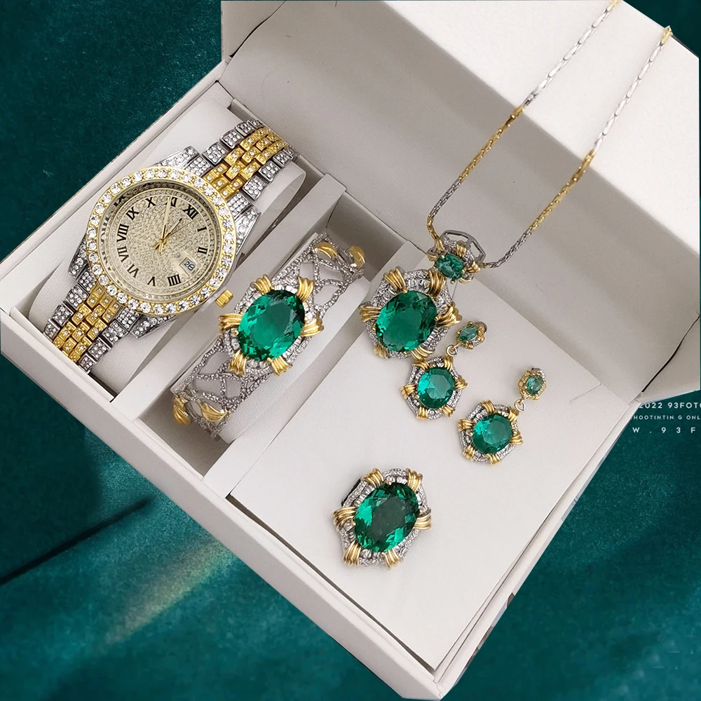 5Pcs Women Watch Luxury Full Diamond Elegant Quartz Watches For Ladies Retro Simulation Color Gemstone Party Jewelry Sets