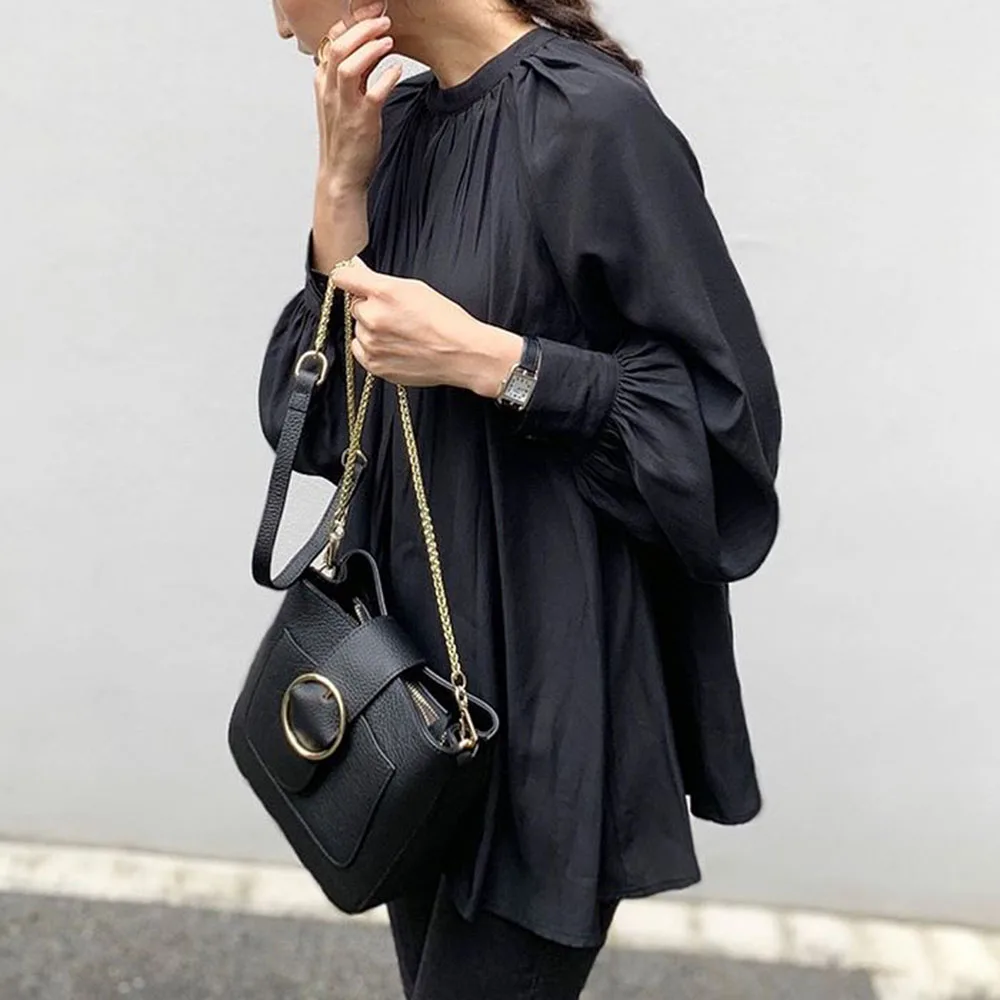 

Women Pleated Blouse Elegant Black Button Shirts Spring Autumn Blusas Female Long Puff Sleeve Tops Casual Solid Loose Pullover