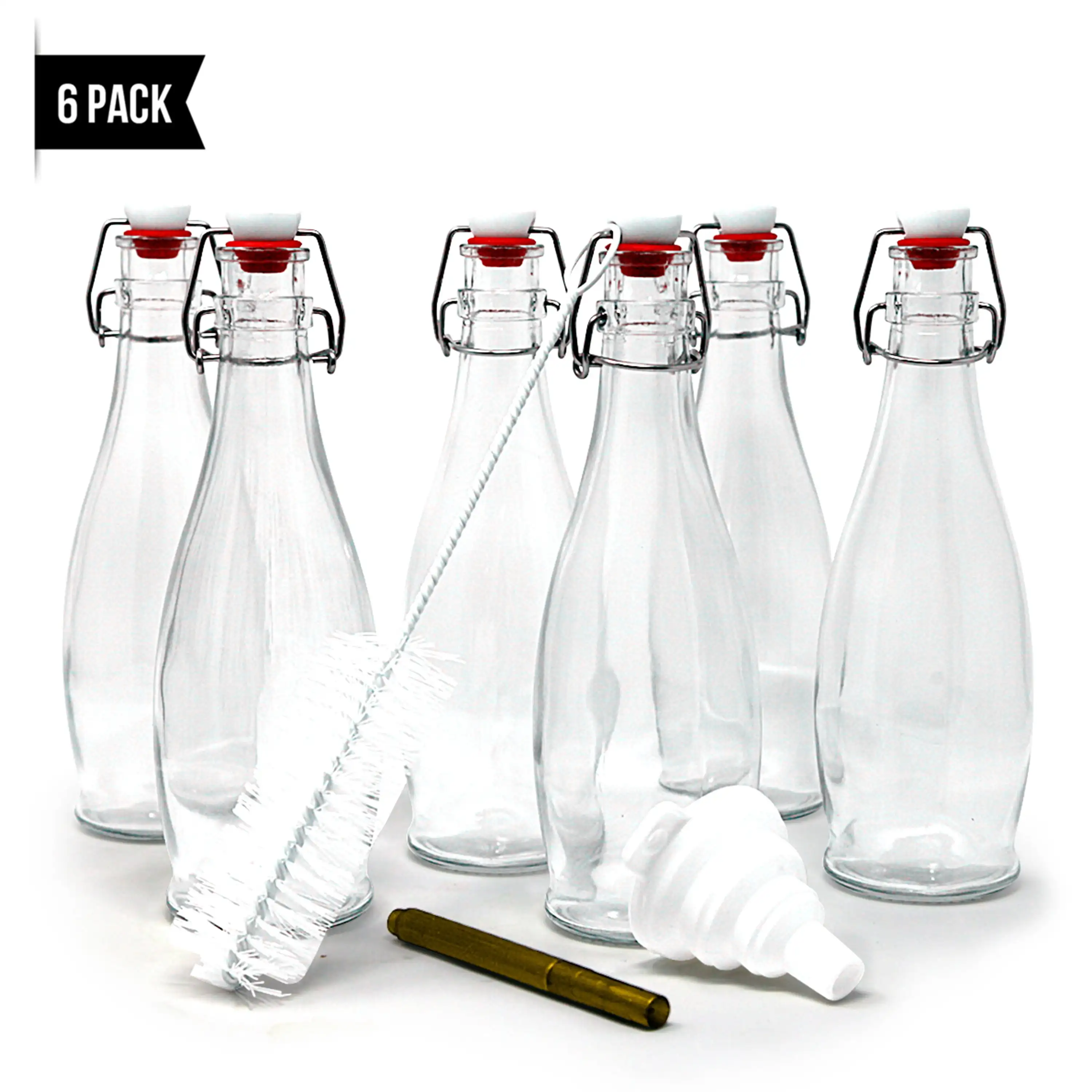 

Airtight Swing Top Glass Bottles with Funnel, Brush & Marker | Pack of 6 Carafe Serving Pitchers | 17 oz.