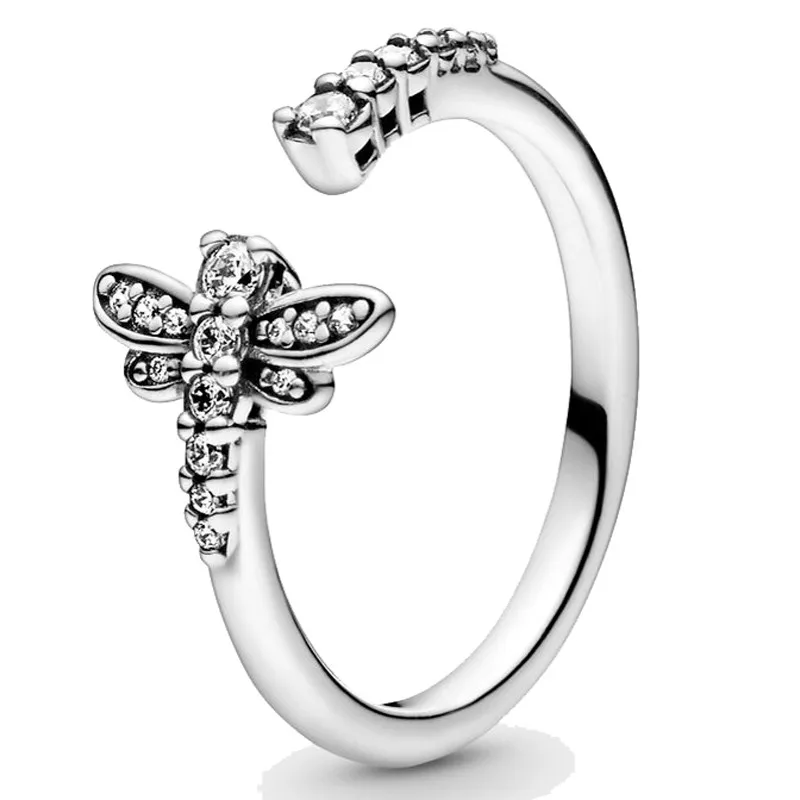 

Authentic 925 Sterling Silver Sparkling Dragonfly Open With Crystal Ring For Women Wedding Party Europe Fashion Jewelry