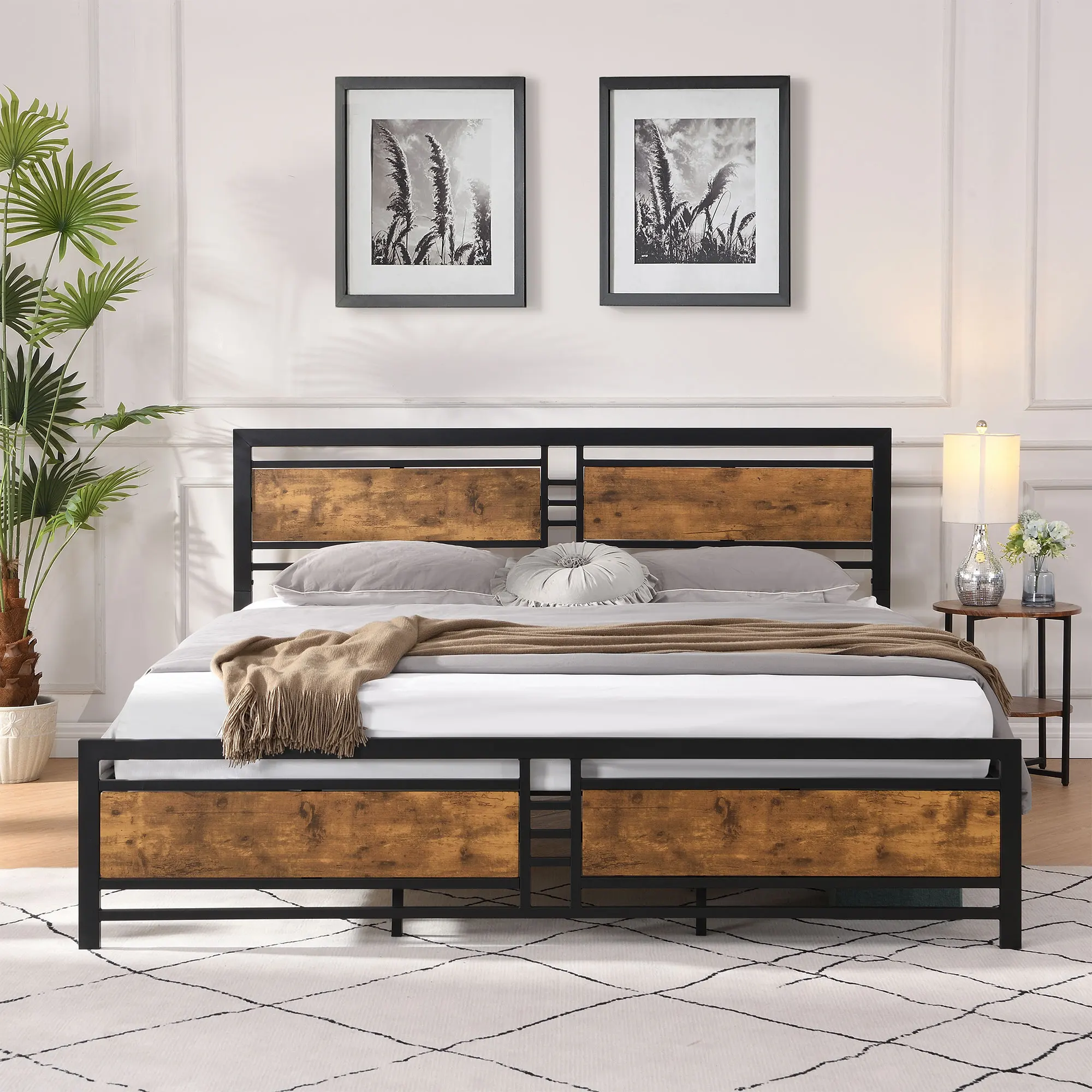 With Wood Headboard&footboard Heavy Duty Mattress Foundation Slat Support Noise-free