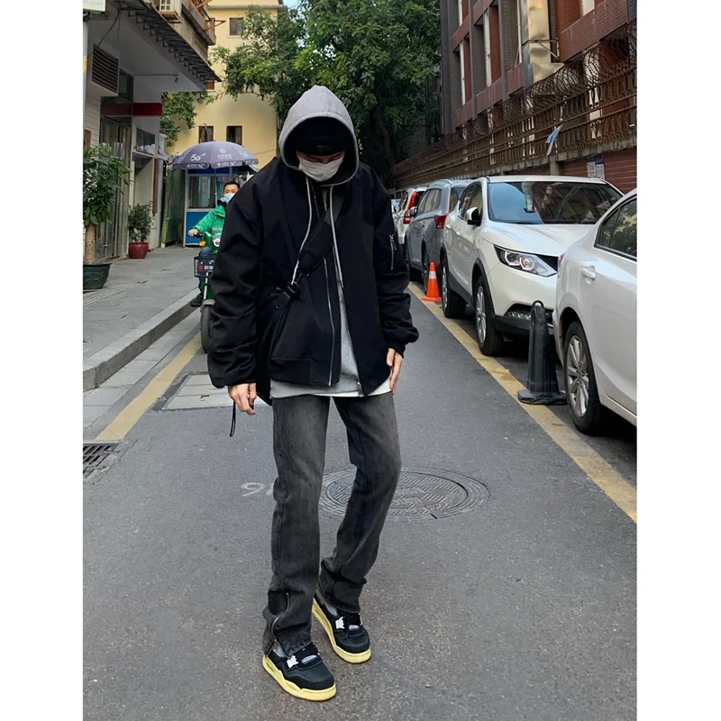 Men Clothing 2022 New Recreational Comfortable Black Jeans Loose Temperament Versatile Side Zipper Straight Pants Autumn Female