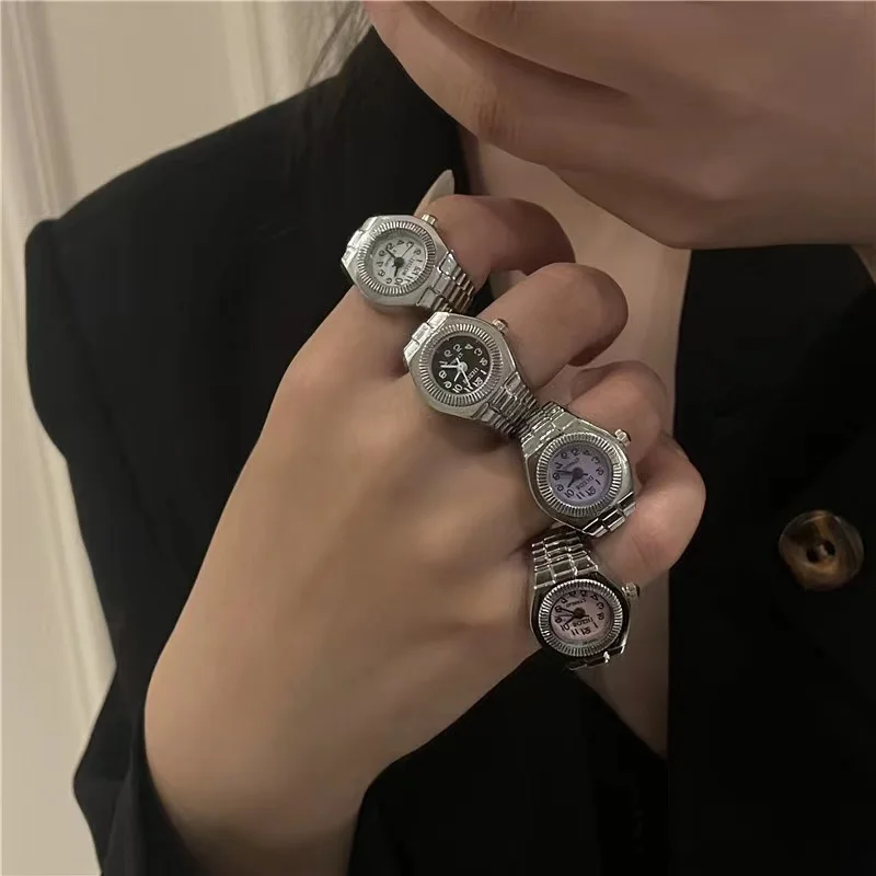 Reloj de moda con Dial de números romanos, Mini reloj de dedo, anillo de ajuste elástico Retro, accesorio de joyería, anillo para hombre y mujer