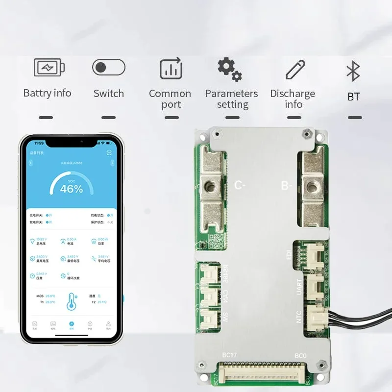 Фото Умная BMS JBD 8S 24V 7S 10S 12S 13S 14S 16S 48V 17S LiFePo4 Li-ion 40A-100A Jiabaida с Bluetooth, балансировкой, RS485, CAN, UART №3