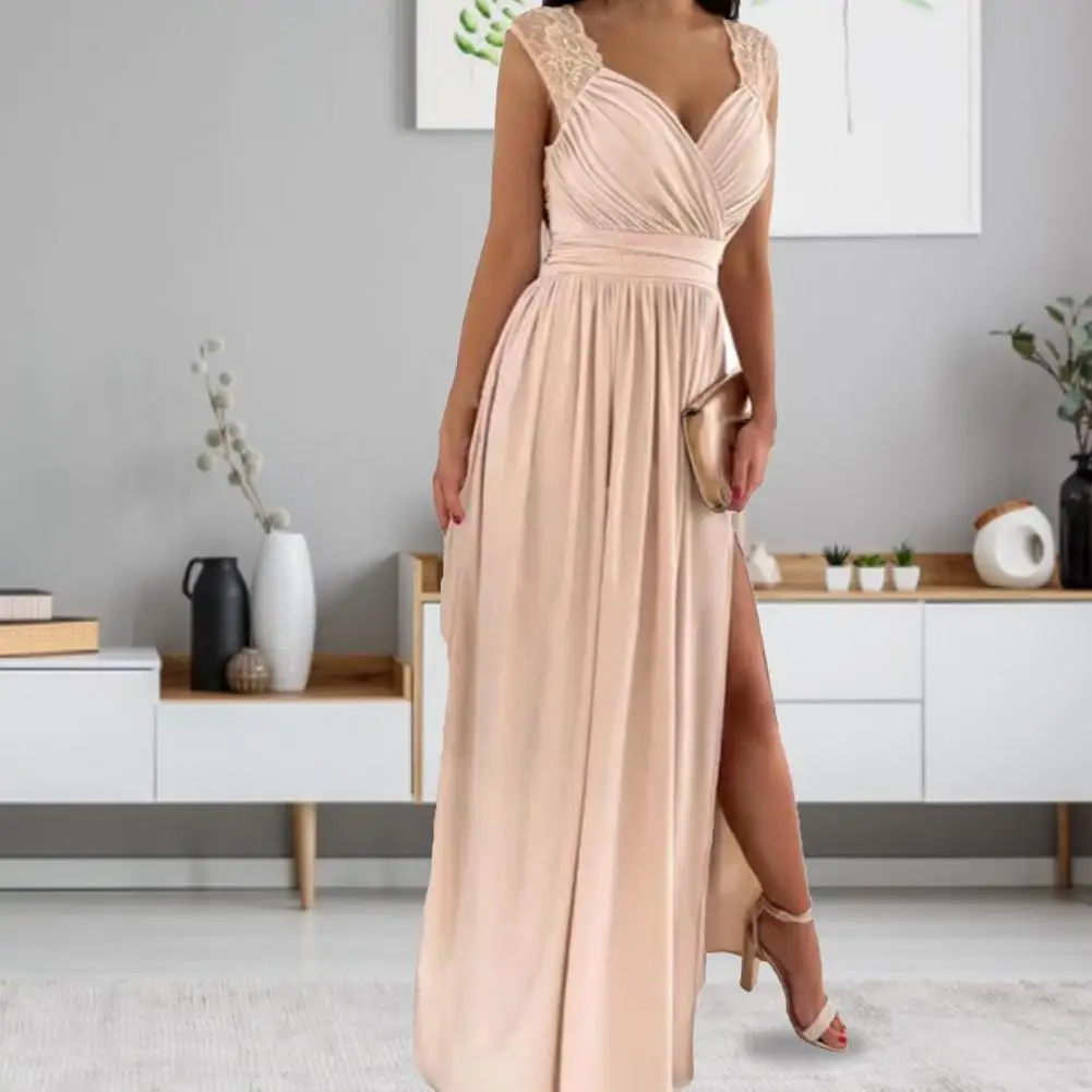 

Popular Maxi Dress Soft Texture Elegant Dress Cross Wrap Crochet Lace Shoulder Women Long Gown Dress Slim Fit