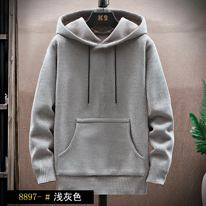 

2022 Autumn Korean Hooded Men's Sweaters with Fleece Men's Solid Cardigan Knitted Sweatercoats Casual Jacket Male M-3XL 8897
