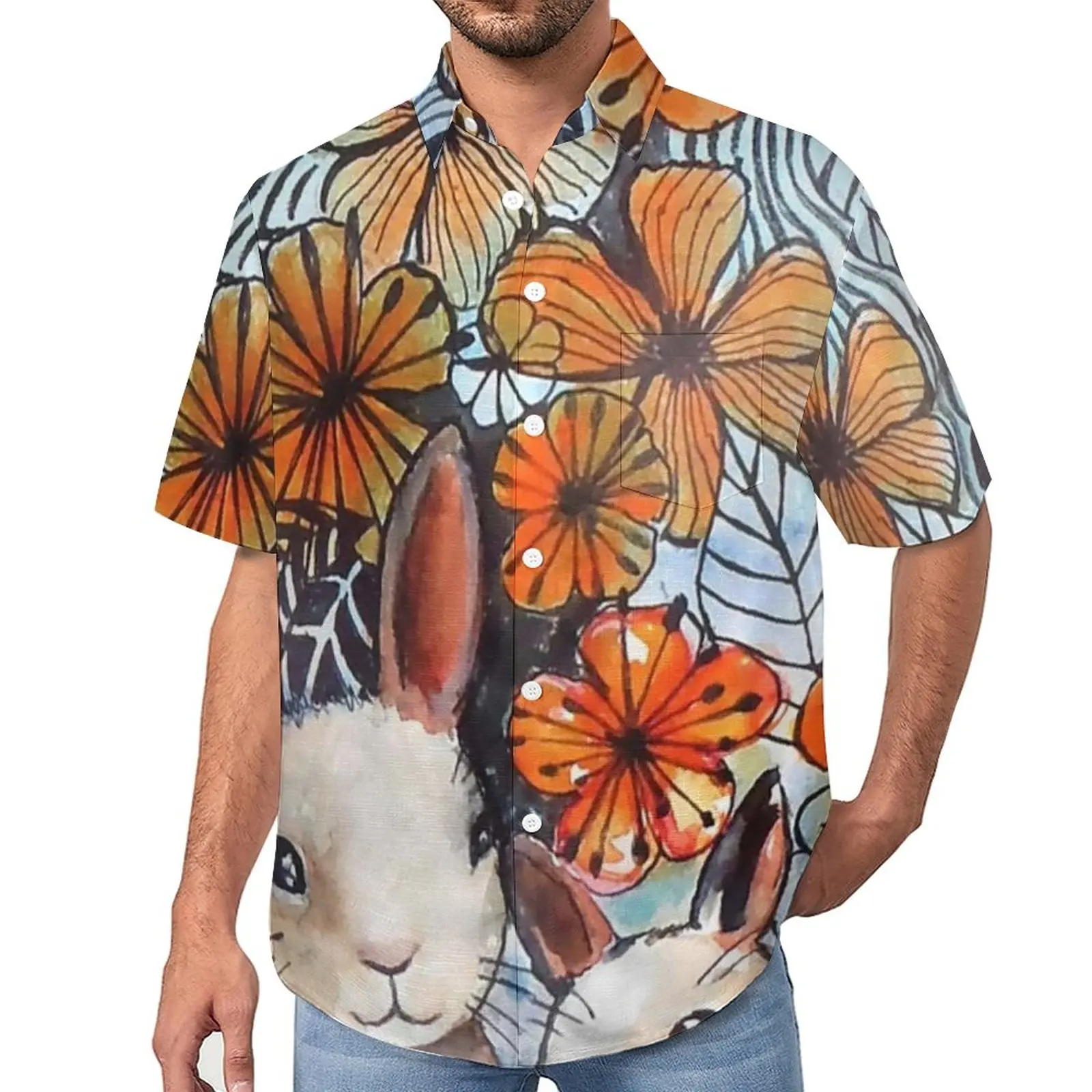 

Easter Bunny Blouses Male Flower Power Bunnies Casual Shirts Hawaiian Short Sleeves Print Street Style Oversize Beach Shirt Gift