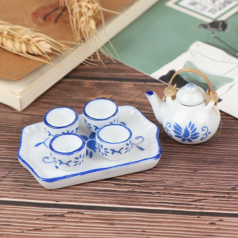 

6Pcs Dollhouse Miniature Dining Ware Blue Porcelain Tea Set Dish Cup Plate