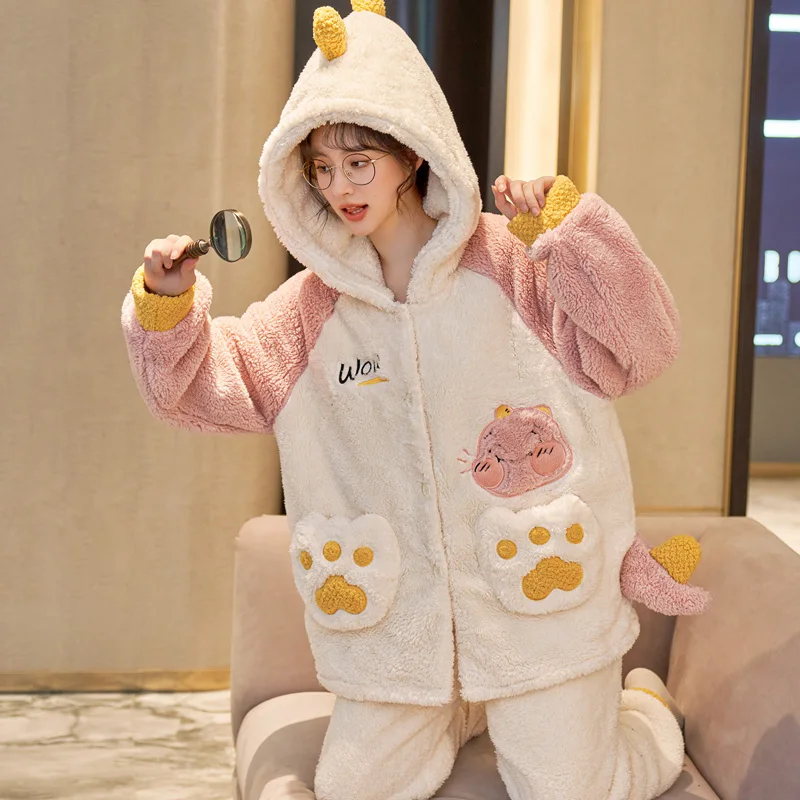 FUNISHI Winter Pajamas Plus Size 3XL Women's pajamas Plush Loose Version Hooded Pajama Set Cartoon Inspissate пижама женская