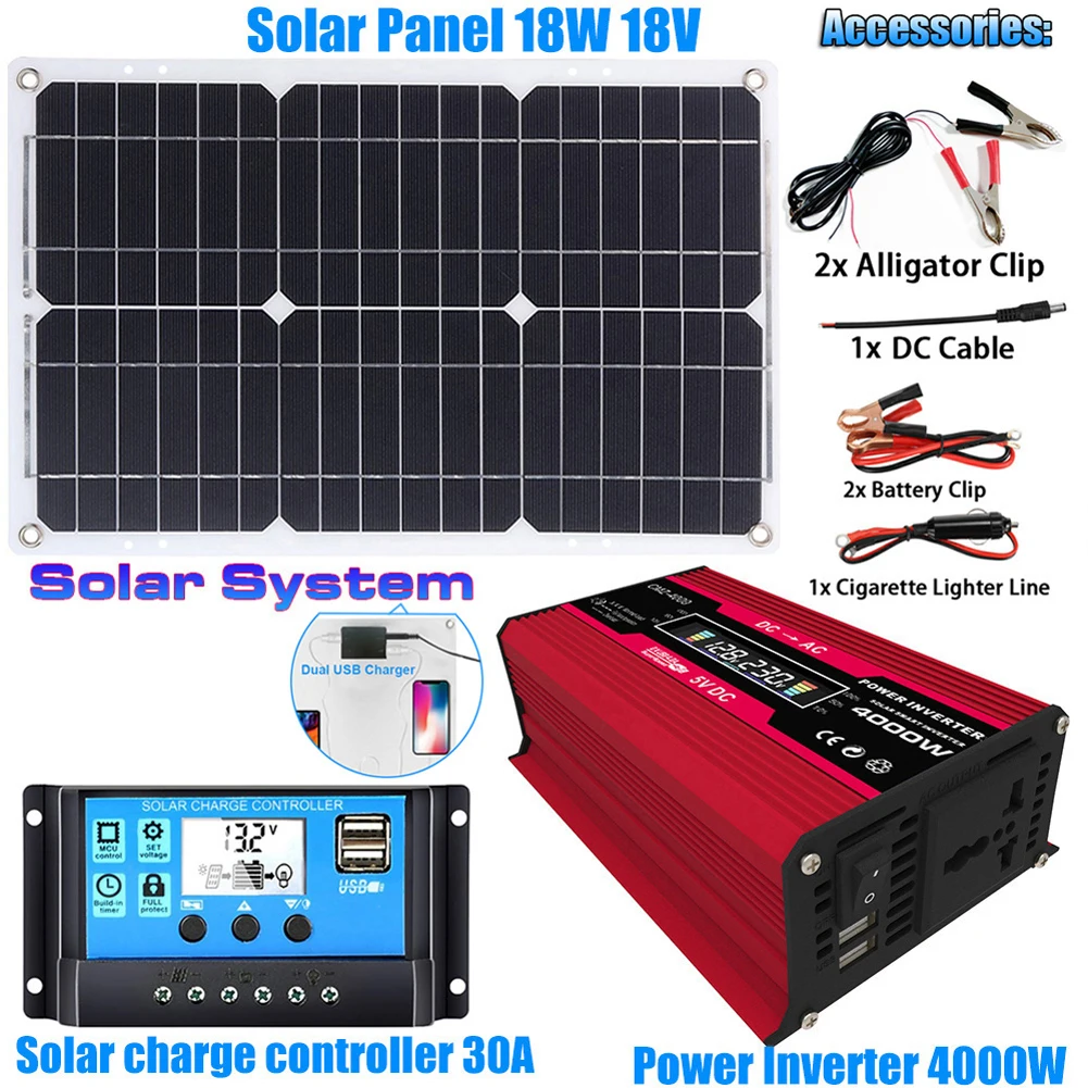 

Система солнечной энергии, инвертор мощности 18 Вт, контроллер заряда батареи солнечной панели, постоянный ток 12 В до 110 В/220 В, комплект солнечных инверторов, ЖК-дисплей